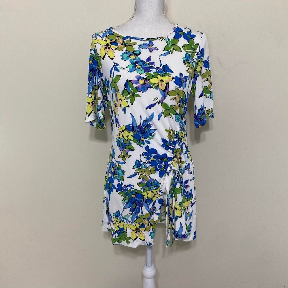 Nina Leonard Floral Dress with Ruched Slit ,Size Small,Multicolor Floral Dress